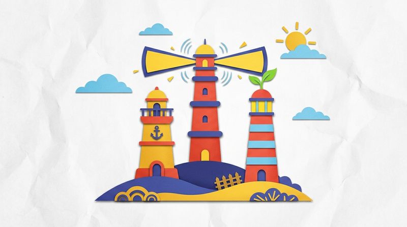 Three paper lighthouses on a hill, one sprouting a leaf, one sending out ripples, one holding an anchor.