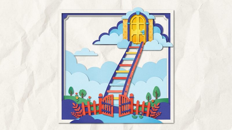 A colorful paper ladder climbs from a small open garden gate up to a golden door in the clouds.