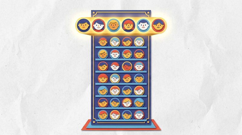 A tall paper board full of round smiling faces stacked in rows, with the top row lifted and glowing.