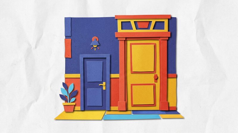 Two front doors side by side on one wall, a small blue one and a tall golden one with a bigger frame.