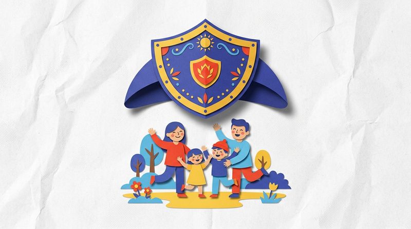 A big decorated paper shield hovers over a small happy group of paper people.
