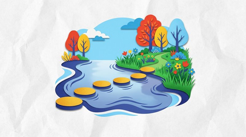 Golden stepping stones cross a calm blue stream to a grassy bank full of flowers.