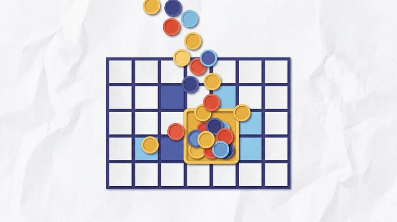 Paper coins tumble down onto a calendar grid and pile up in one highlighted square.