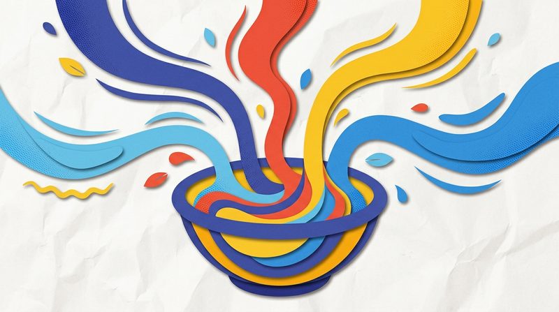 Streams of blue, red, and yellow paper flow in from every direction and pour into one big bowl.