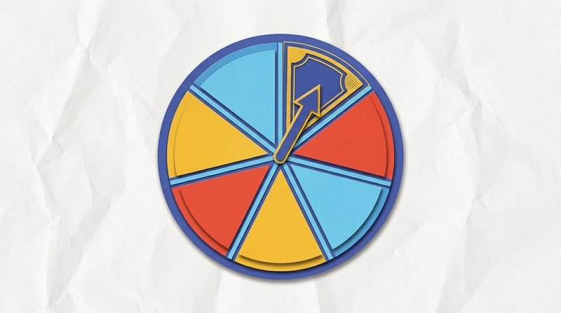 A round paper wheel cut into seven slices with a pointer resting on one highlighted slice.